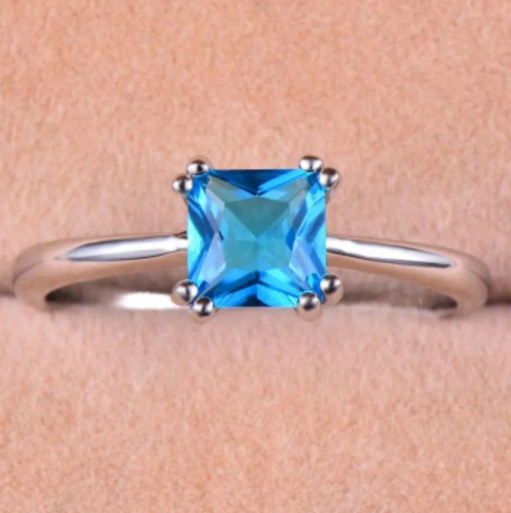 BOGO! Aquamarine Princess Cut Solitaire Fine Silver Ring Size 6.5